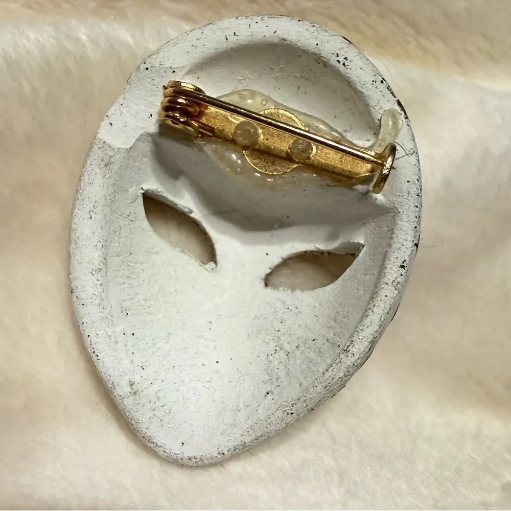 Hand-Painted Miniature Mask Brooch – Gold & Black Art Piece for Women